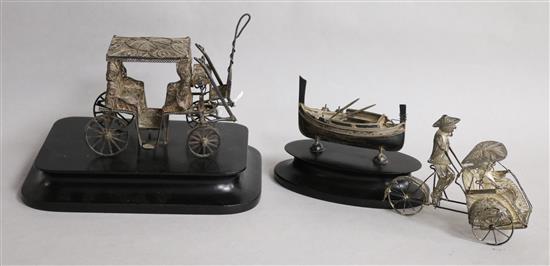 A 20th century Maltese 917 white metal filligree model of a carriage, on stand, a similar 800 metal boat  & 1 other model.